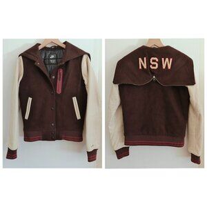 Nike NSW Varsity Wool & Lamb Leather Brown Contrast Destroyer Bomber Jacket Sz S